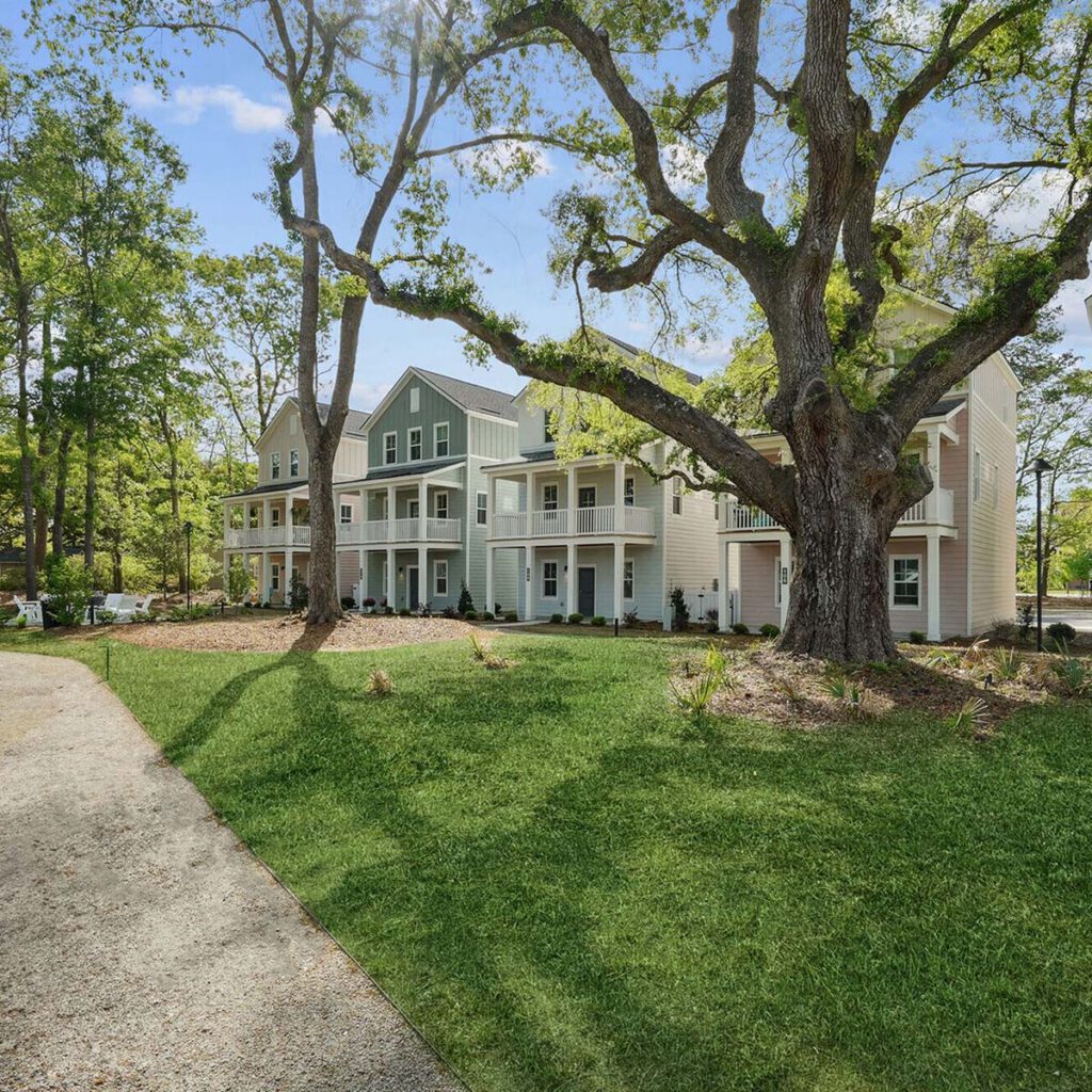 A large tree with spreading branches stands in front of a modern, multi-story house with balconies and white siding, surrounded by a well-kept green lawn and bordered by a gravel path and leafy trees.