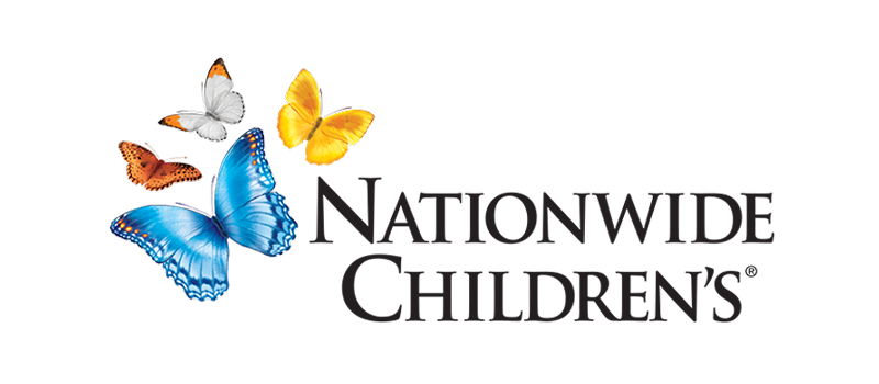 Logo for Nationwide Children’s with four colorful butterflies—blue, orange, yellow, and white—surrounding the brand name in bold black letters on a white background.