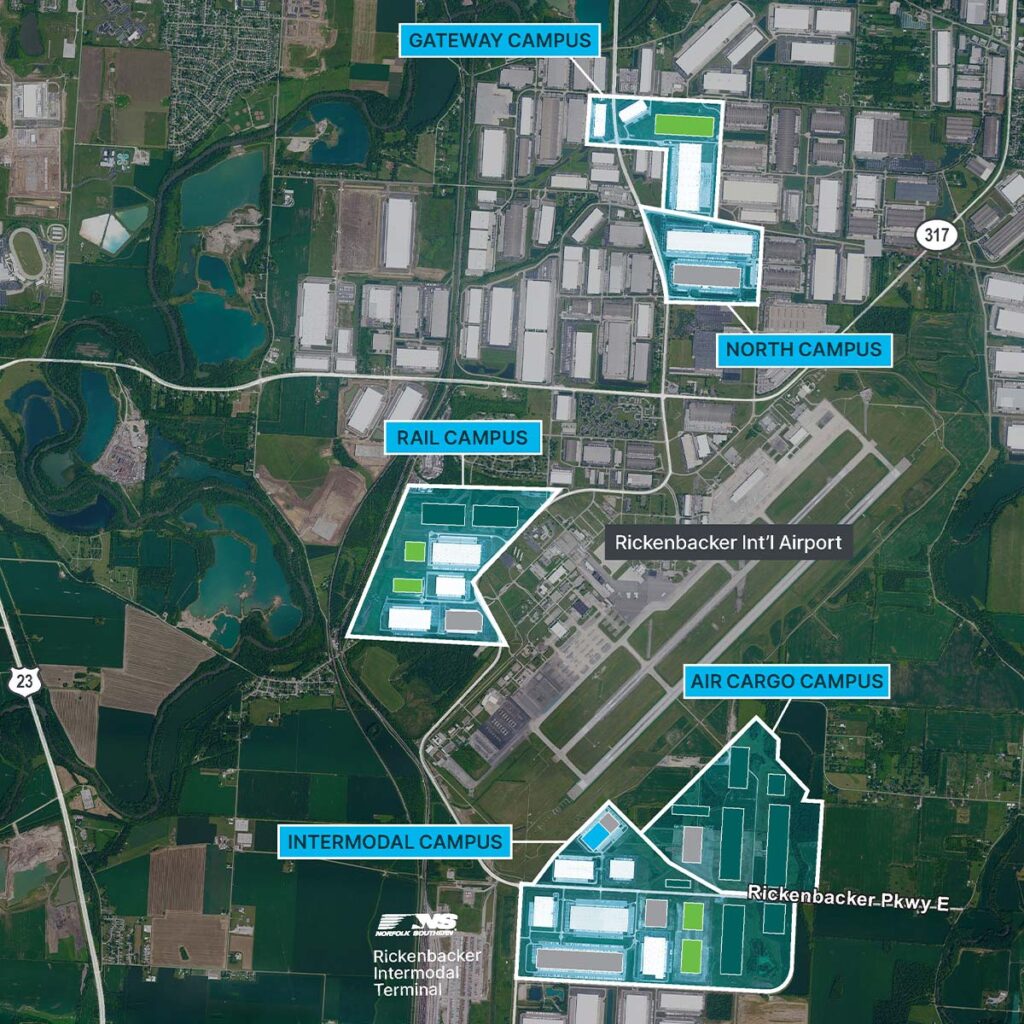 Aerial map showing Rickenbacker Int’l Airport, surrounded by labeled areas: Gateway Campus (top), North Campus (right), Rail Campus (left), Air Cargo Campus (bottom right), and Intermodal Campus (bottom left).