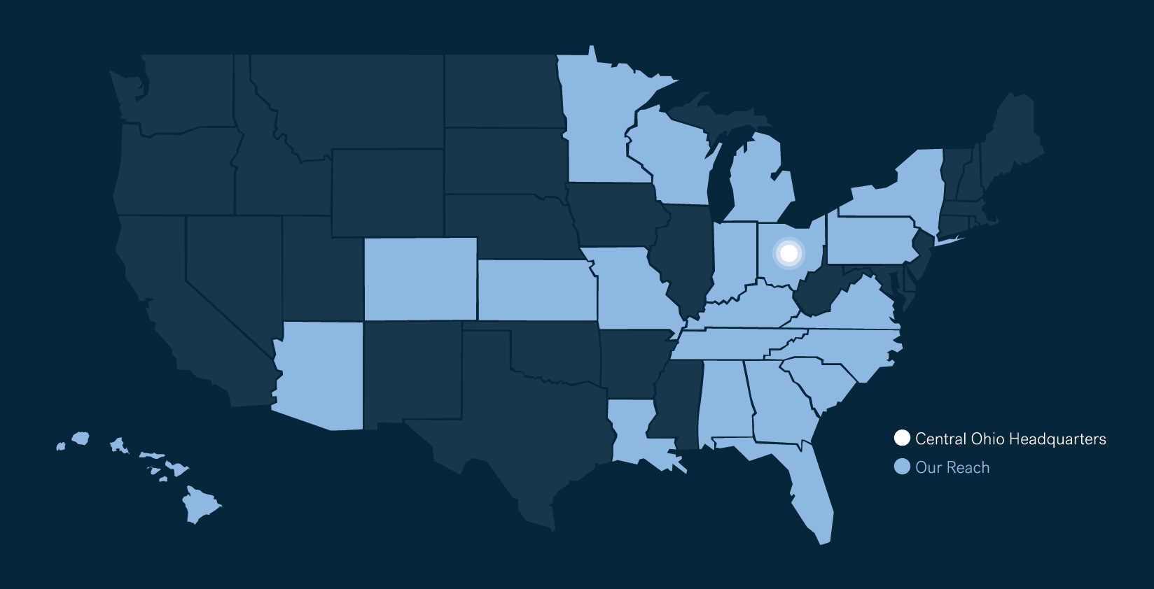 A map of the United States highlighting Central Ohio with a white dot for headquarters and showing lighter-shaded states to represent areas of service or organizational reach.